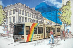Vision: eine Stadtbahn erschließt 2020 die Station »Fürth-Mitte« (Montage: Werner Schmidt)